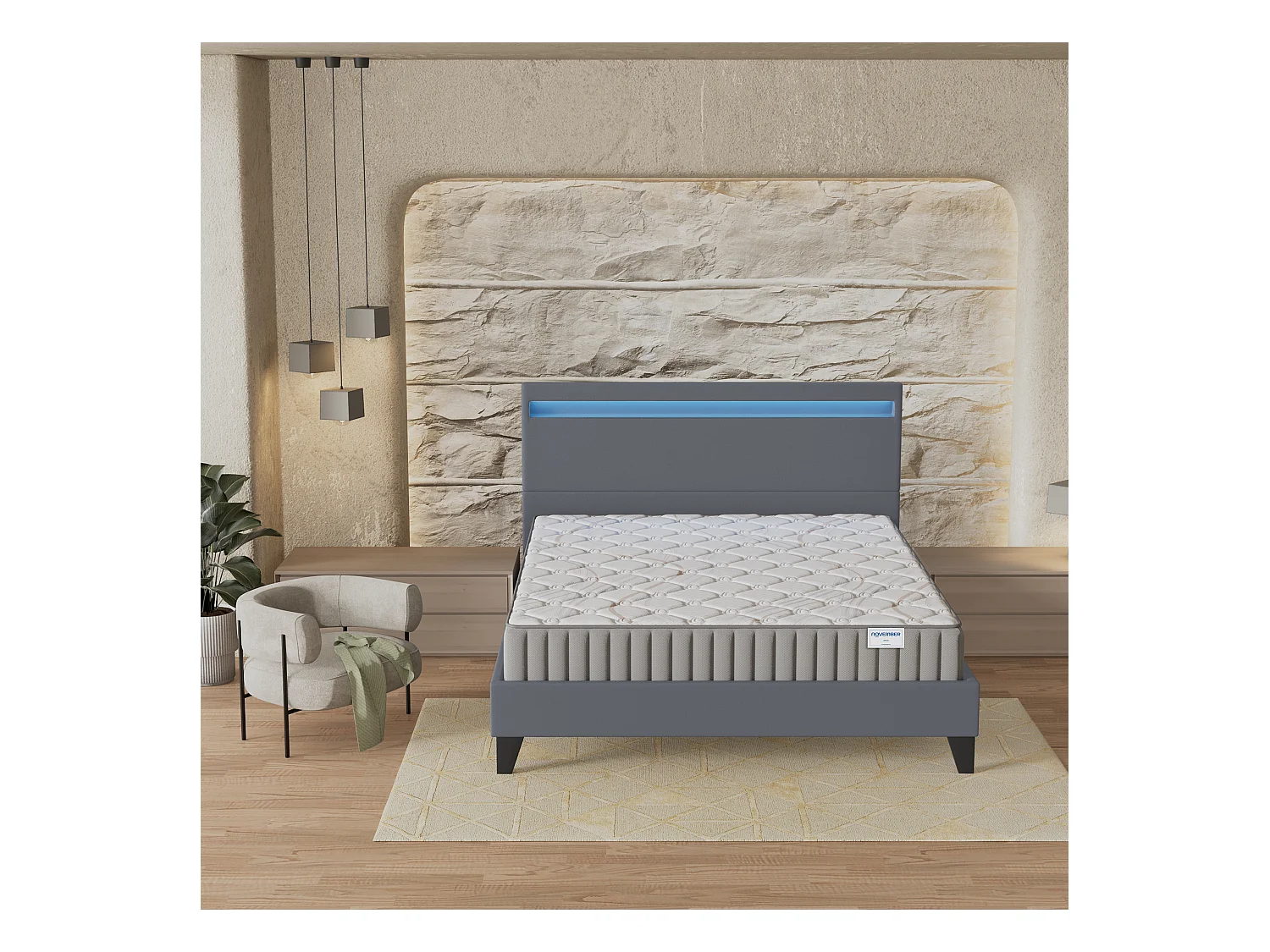 Ensemble Matelas + lit 140x190 cm, Matelas 16cm mousse, accueil latex, lit à tête de lit LED similicuir gris