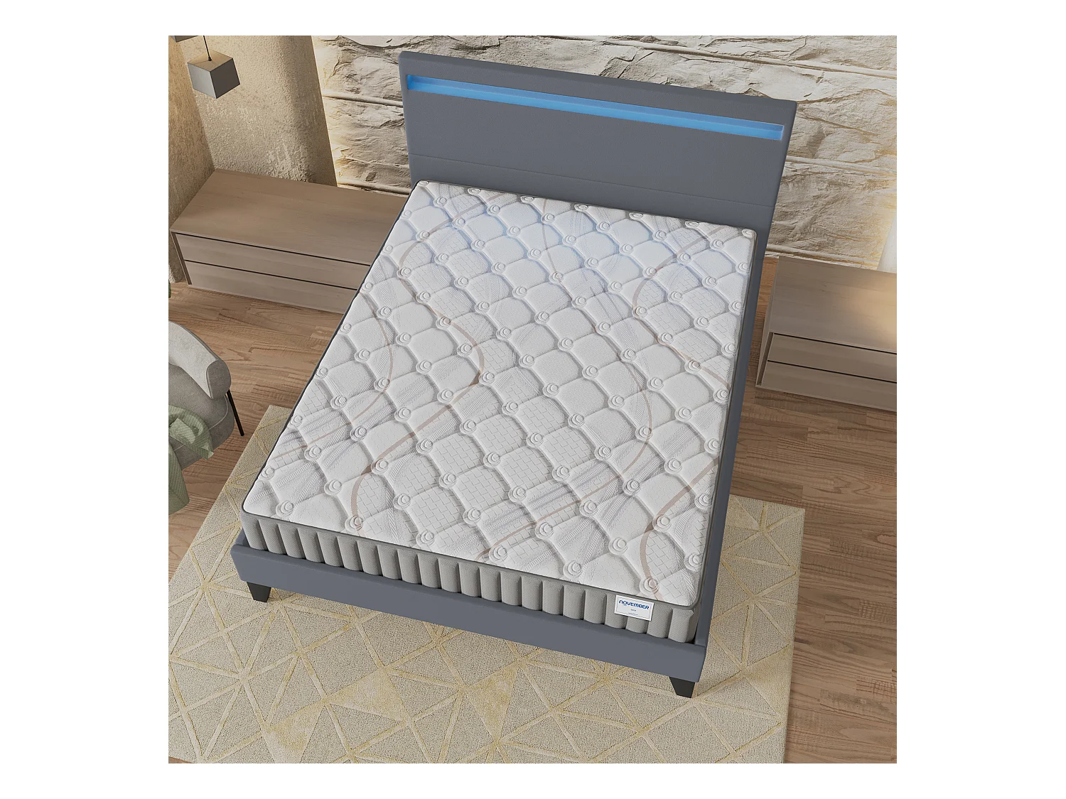 Ensemble Matelas + lit 140x190 cm, Matelas 16cm mousse, accueil latex, lit à tête de lit LED similicuir gris