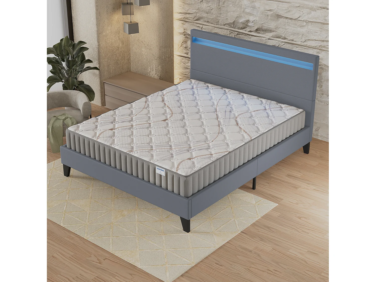 Ensemble Matelas + lit 140x190 cm, Matelas 16cm mousse, accueil latex, lit à tête de lit LED similicuir gris
