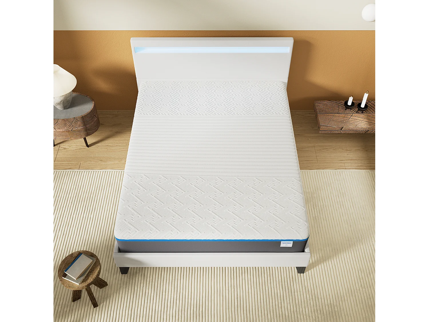 Ensemble Matelas Mousse + Lit Avec Tête De Lit 140x200cm Epaisseur 28cm Souple Accueil Latex Naturel