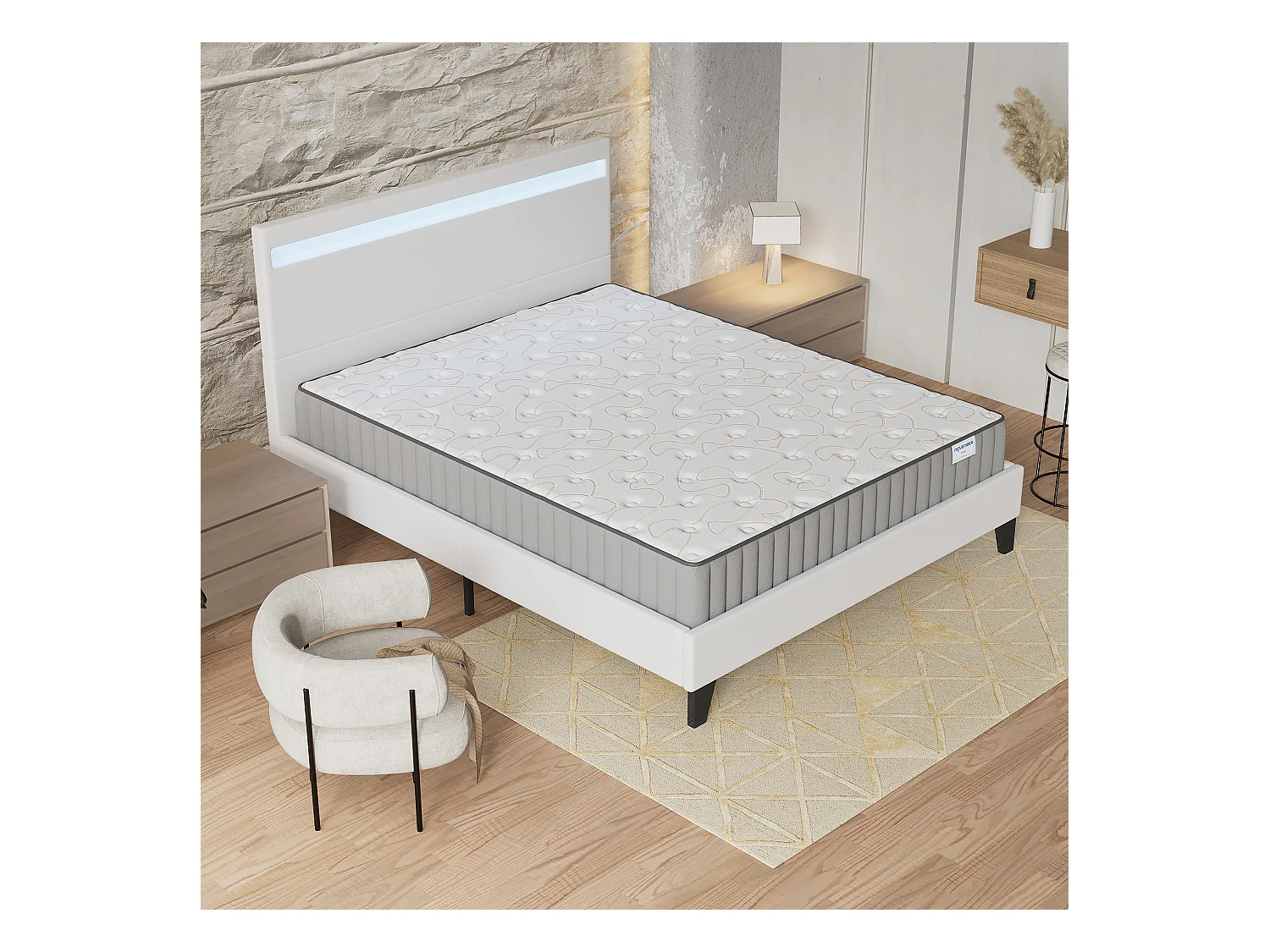 Ensemble Matelas + lit 140x200 cm, Matelas 16cm mousse, accueil mémoire de forme, lit à tête de lit LED similicuir blanc
