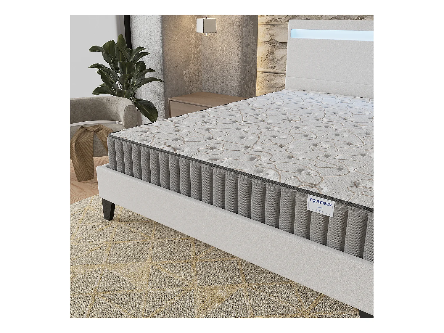 Ensemble Matelas + lit 140x200 cm, Matelas 16cm mousse, accueil mémoire de forme, lit à tête de lit LED similicuir blanc