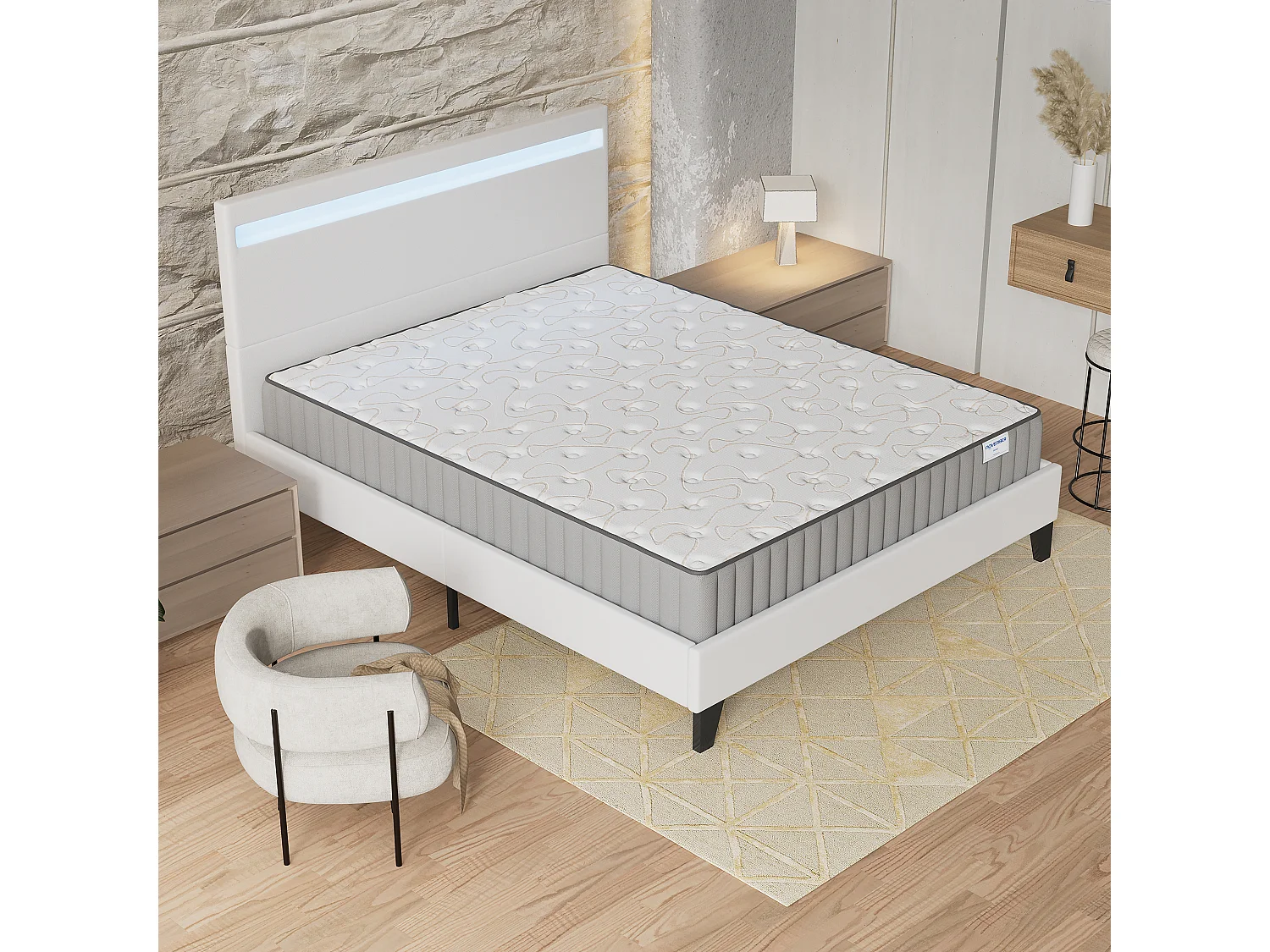 Ensemble Matelas + lit 140x200 cm, Matelas 16cm mousse, accueil mémoire de forme, lit à tête de lit LED similicuir blanc