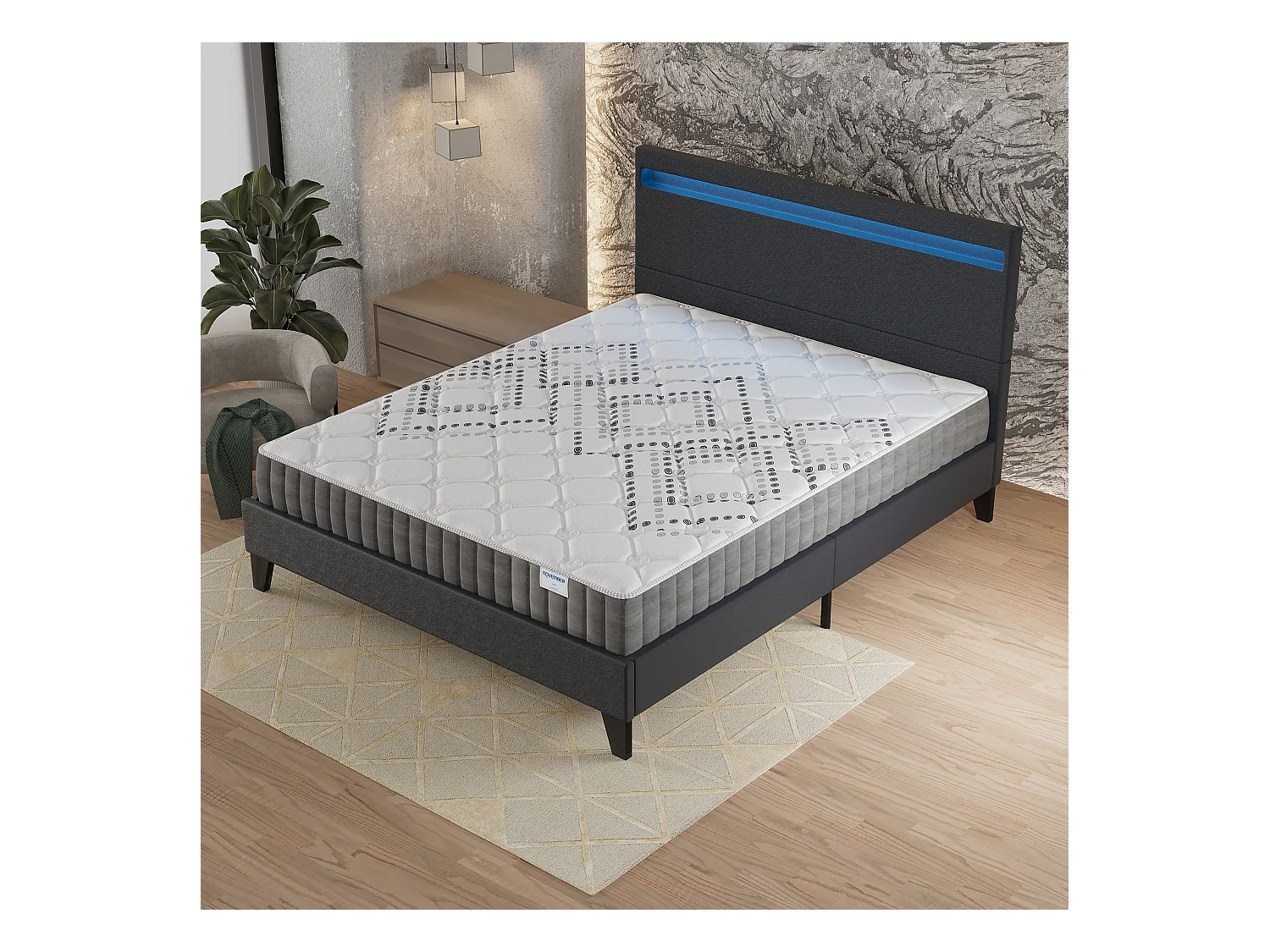 Ensemble Matelas + lit 160x200 cm, Matelas 20cm ressorts ensachés, accueil mousse, lit à tête de lit LED similicuir noir