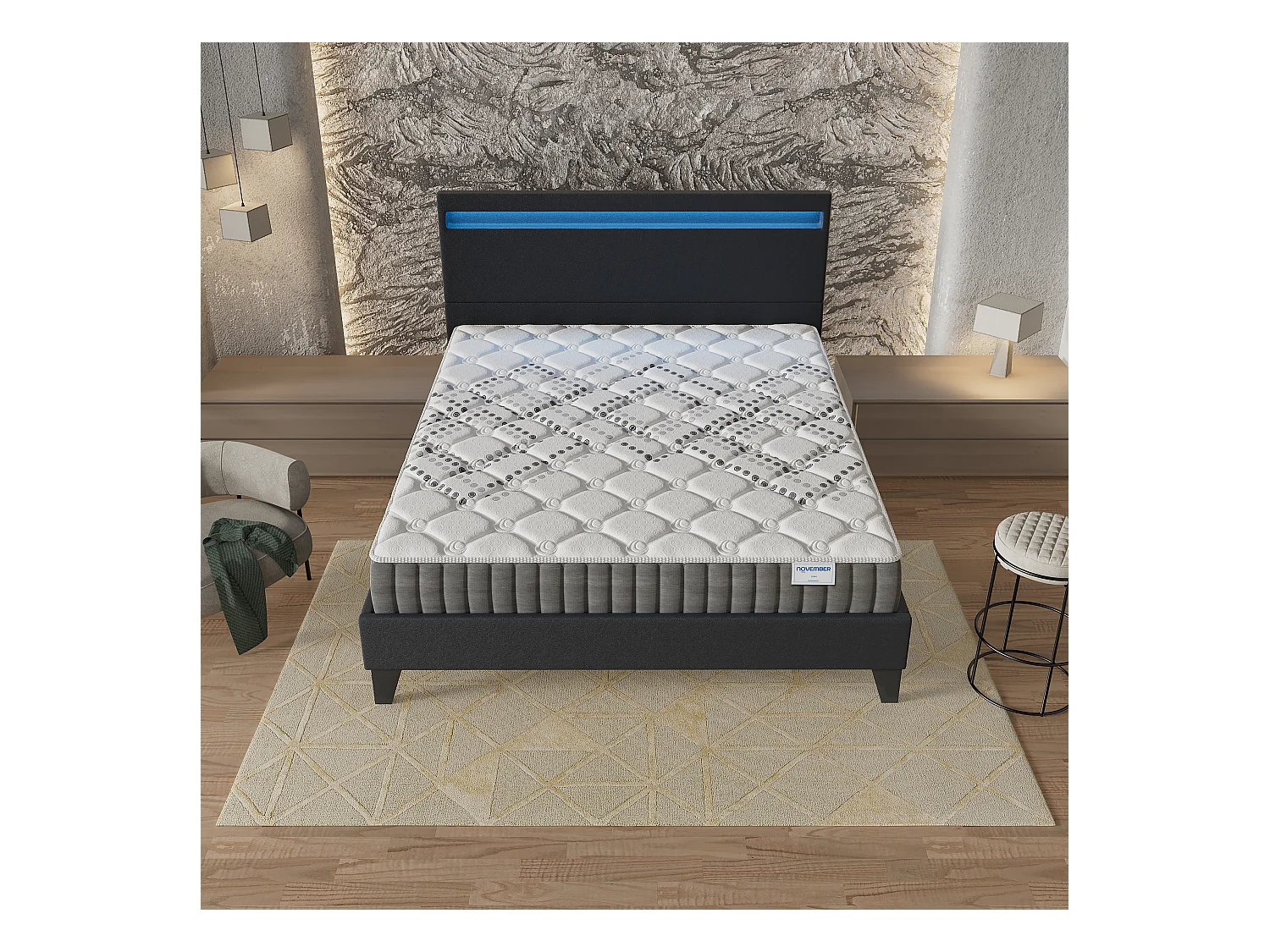 Ensemble Matelas + lit 160x200 cm, Matelas 20cm ressorts ensachés, accueil mousse, lit à tête de lit LED similicuir noir