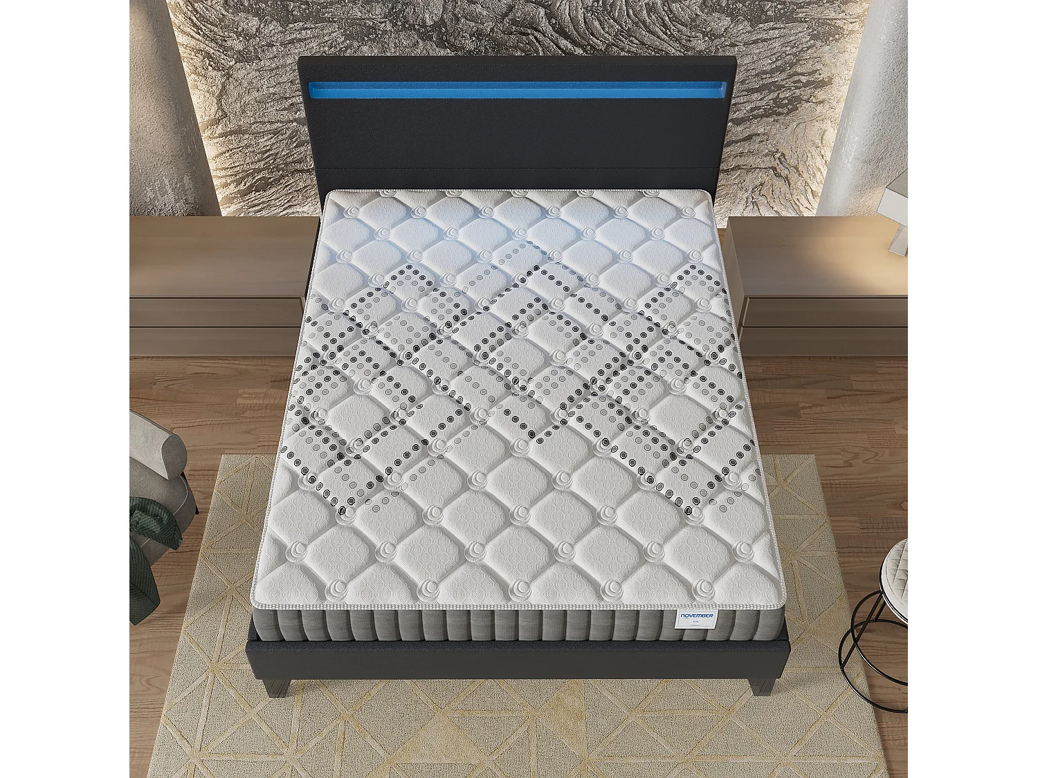 Ensemble Matelas + lit 160x200 cm, Matelas 20cm ressorts ensachés, accueil mousse, lit à tête de lit LED similicuir noir