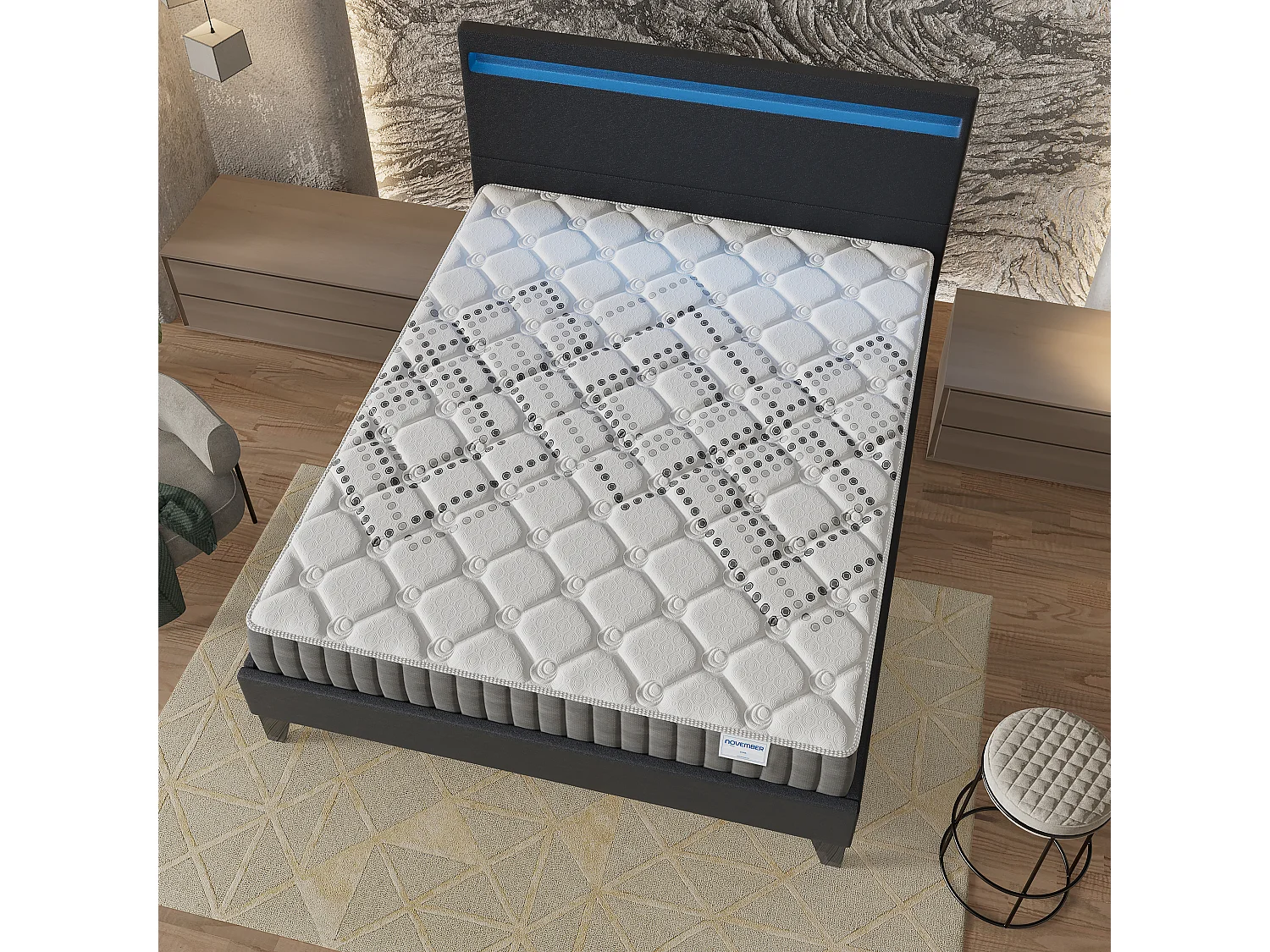 Ensemble Matelas + lit 160x200 cm, Matelas 20cm ressorts ensachés, accueil mousse, lit à tête de lit LED similicuir noir