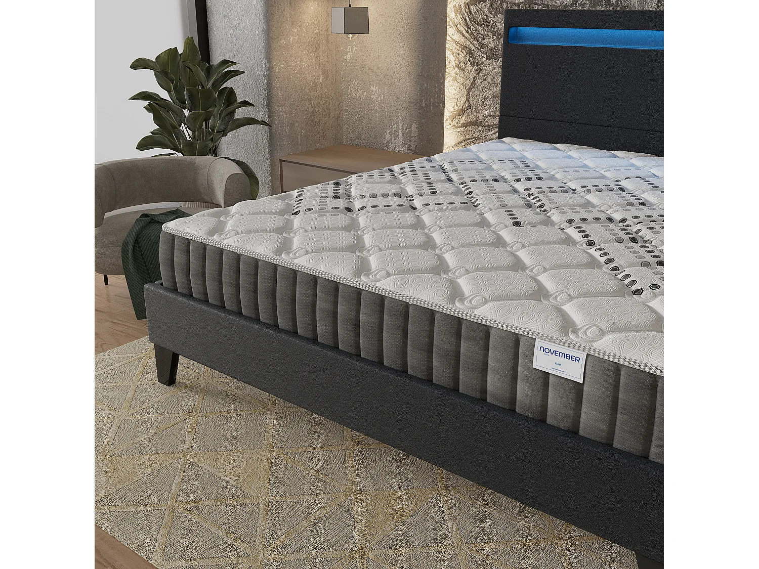 Ensemble Matelas + lit 160x200 cm, Matelas 20cm ressorts ensachés, accueil mousse, lit à tête de lit LED similicuir noir