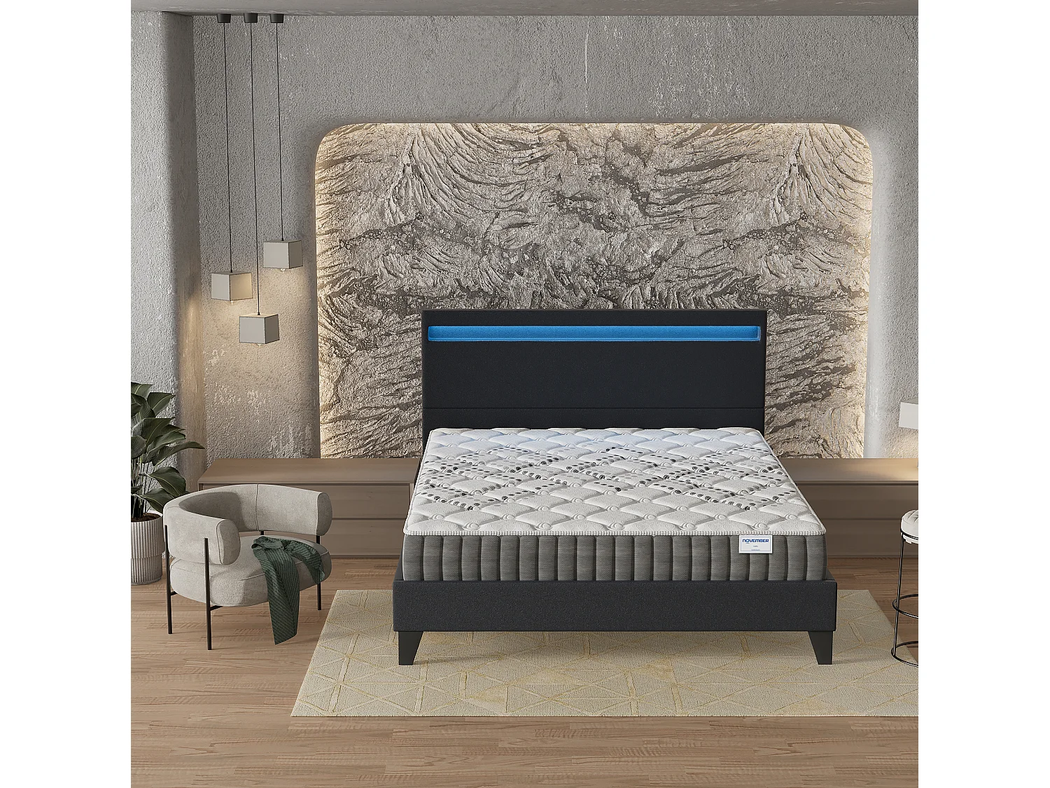 Ensemble Matelas + lit 160x200 cm, Matelas 20cm ressorts ensachés, accueil mousse, lit à tête de lit LED similicuir noir