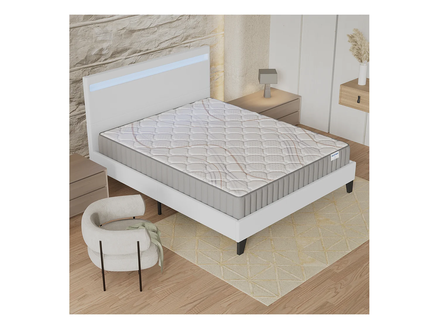 Ensemble Matelas + lit 140x190 cm, Matelas 16cm mousse, accueil latex, lit à tête de lit LED similicuir blanc
