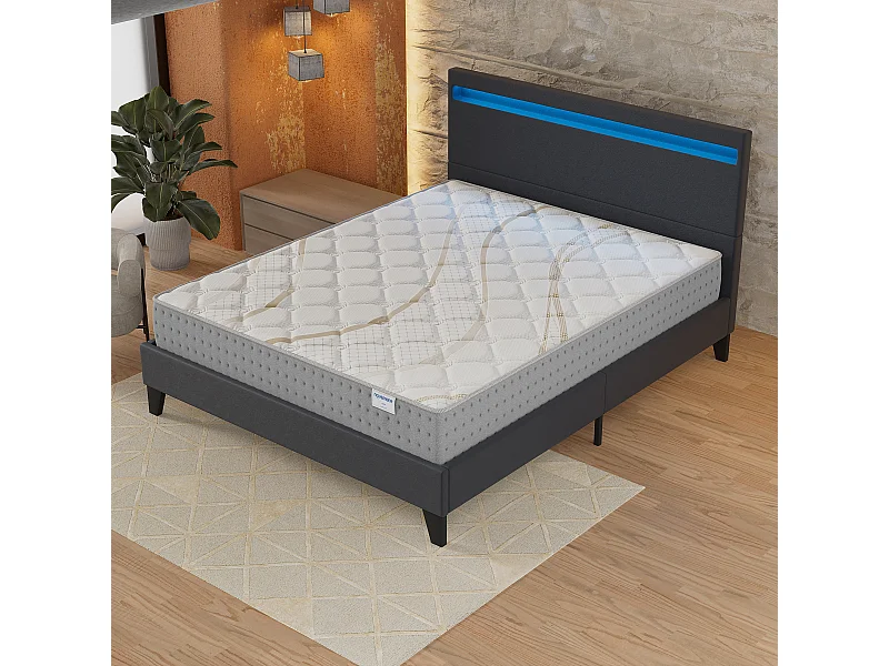 Ensemble Matelas + lit 140x190 cm, Matelas 25cm ressorts ensachés, accueil mousse, lit à tête de lit LED similicuir noir