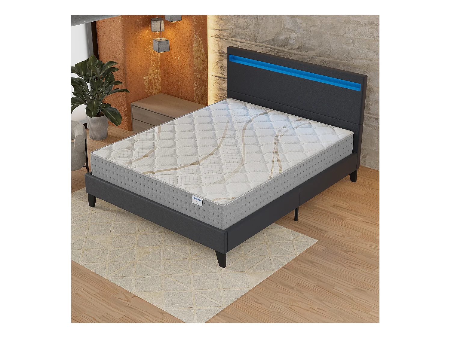 Ensemble Matelas + lit 140x190 cm, Matelas 25cm ressorts ensachés, accueil mousse, lit à tête de lit LED similicuir noir