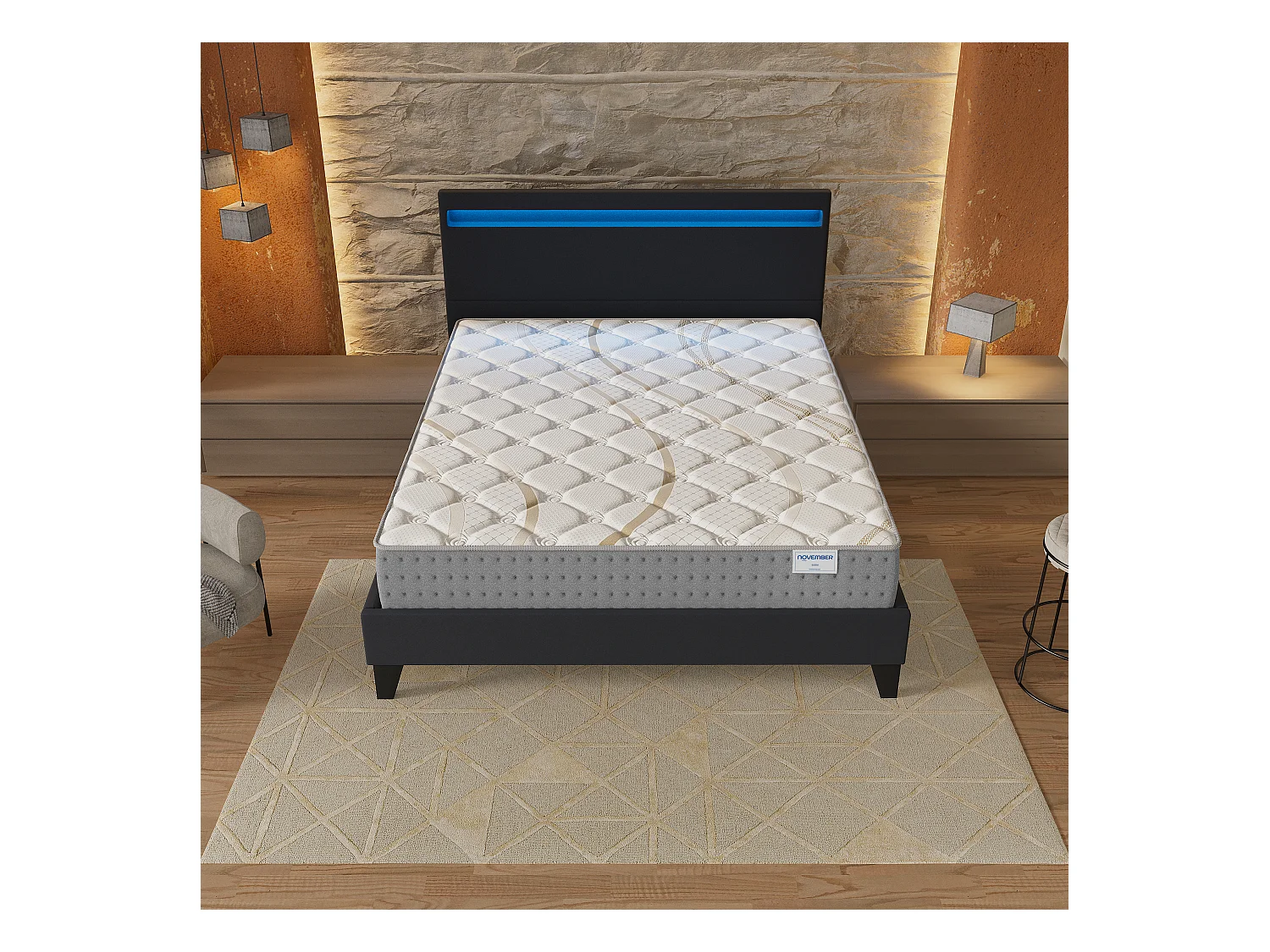 Ensemble Matelas + lit 140x190 cm, Matelas 25cm ressorts ensachés, accueil mousse, lit à tête de lit LED similicuir noir