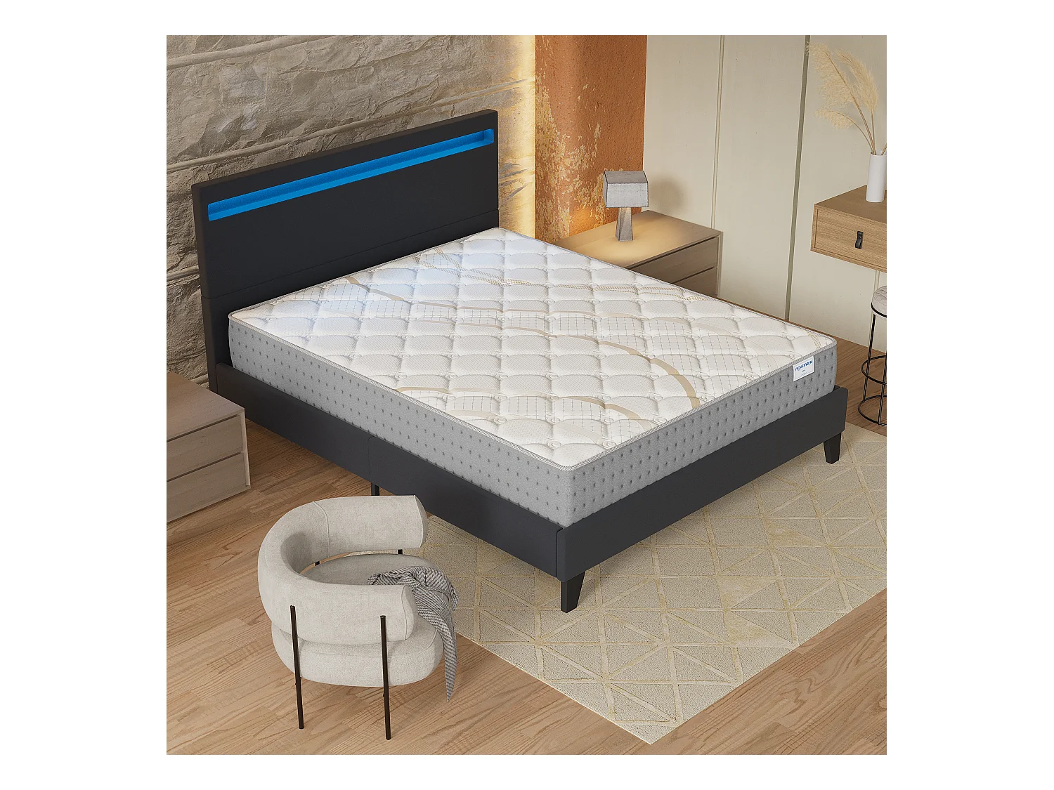 Ensemble Matelas + lit 140x190 cm, Matelas 25cm ressorts ensachés, accueil mousse, lit à tête de lit LED similicuir noir