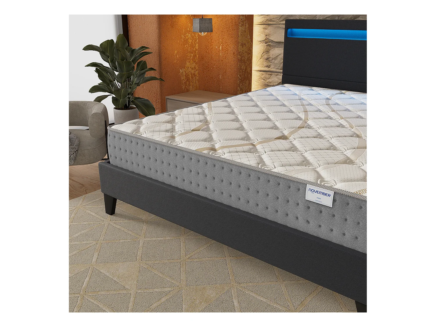 Ensemble Matelas + lit 140x190 cm, Matelas 25cm ressorts ensachés, accueil mousse, lit à tête de lit LED similicuir noir