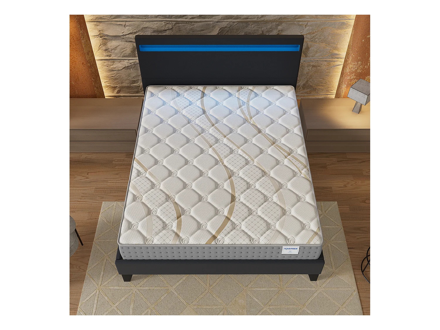 Ensemble Matelas + lit 140x190 cm, Matelas 25cm ressorts ensachés, accueil mousse, lit à tête de lit LED similicuir noir