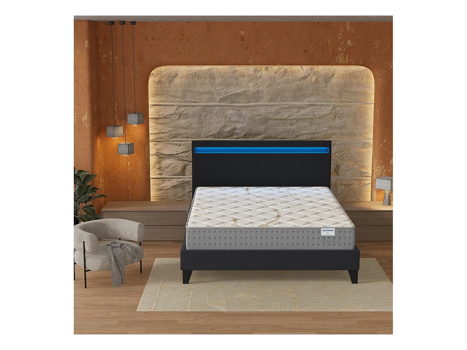 Ensemble Matelas + lit 140x190 cm, Matelas 25cm ressorts ensachés, accueil mousse, lit à tête de lit LED similicuir noir