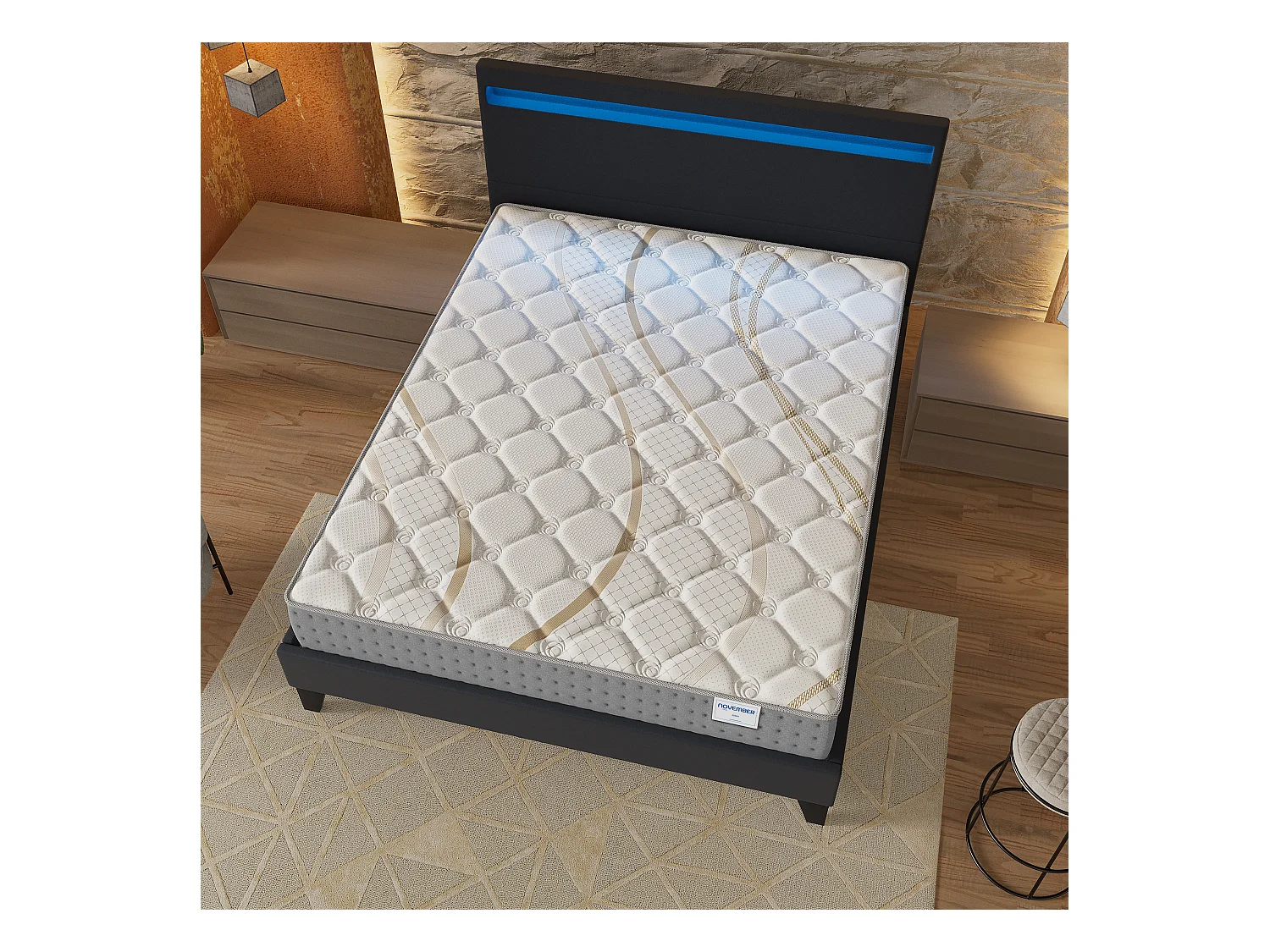 Ensemble Matelas + lit 140x190 cm, Matelas 25cm ressorts ensachés, accueil mousse, lit à tête de lit LED similicuir noir