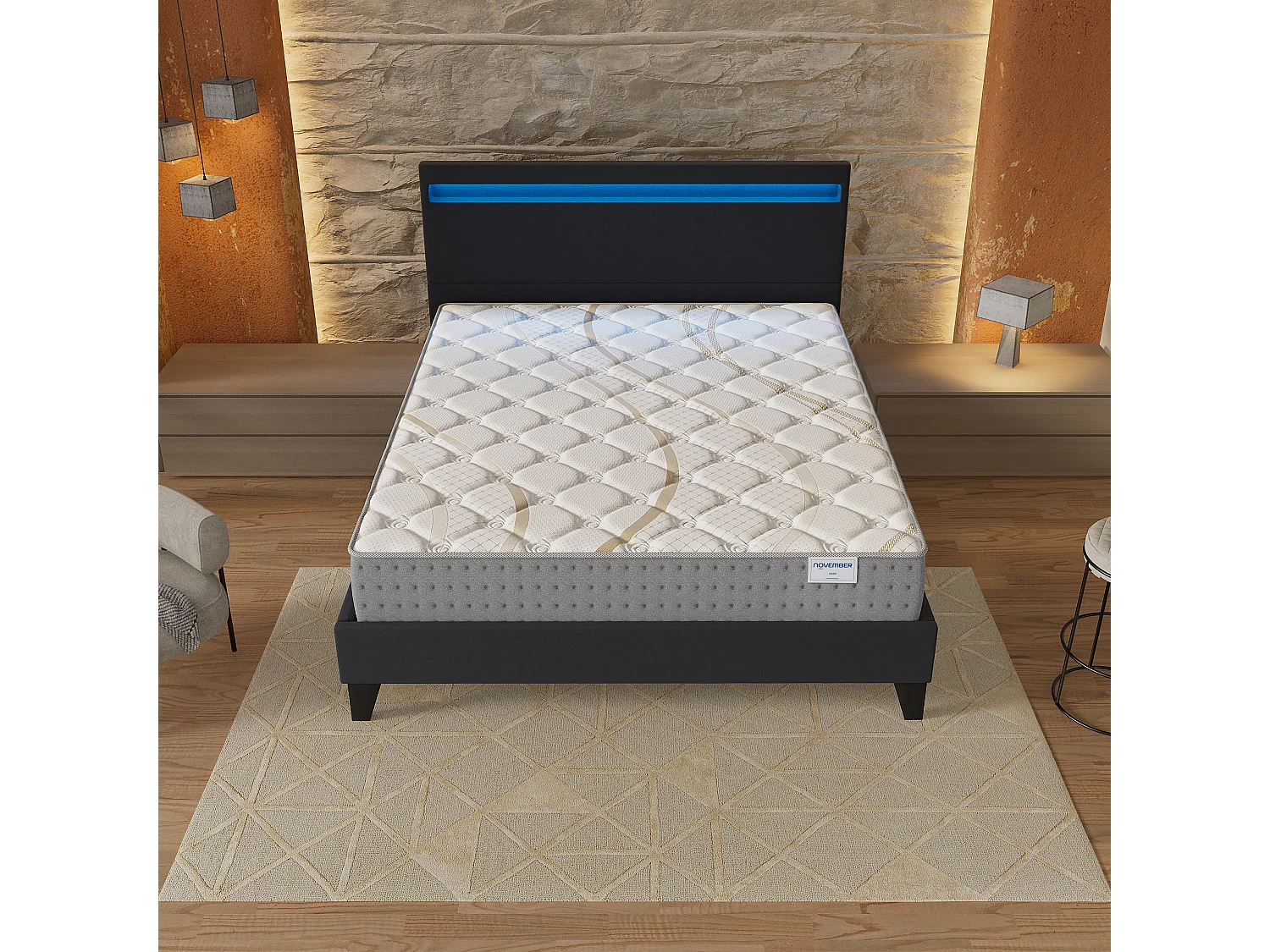 Ensemble Matelas + lit 140x190 cm, Matelas 25cm ressorts ensachés, accueil mousse, lit à tête de lit LED similicuir noir