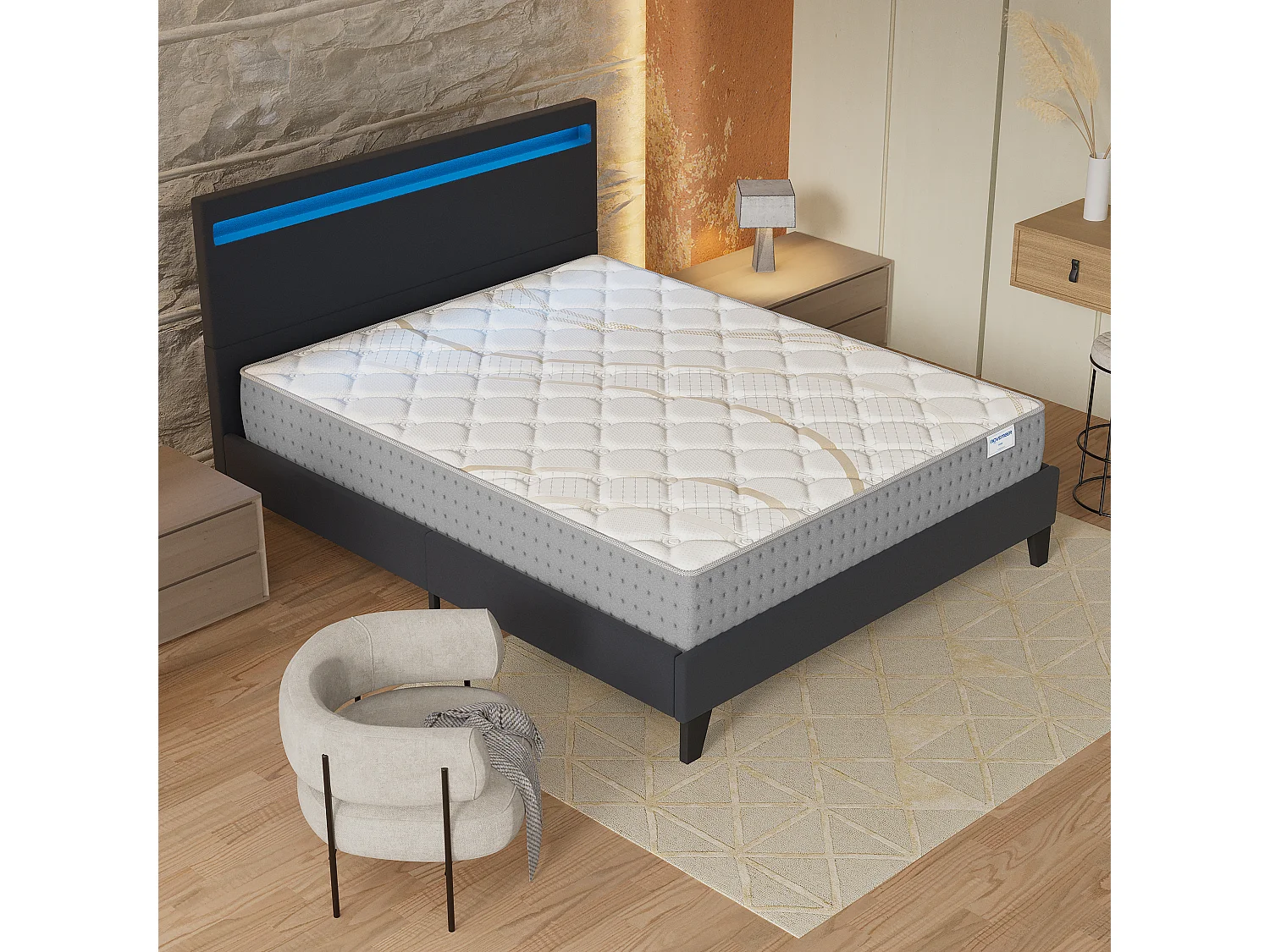 Ensemble Matelas + lit 140x190 cm, Matelas 25cm ressorts ensachés, accueil mousse, lit à tête de lit LED similicuir noir