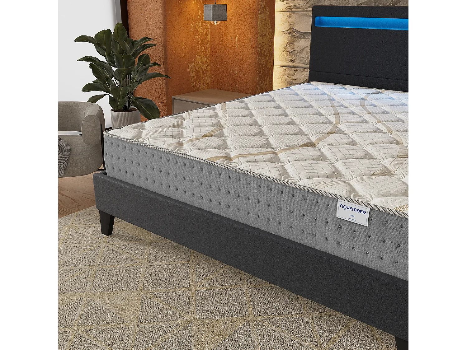 Ensemble Matelas + lit 140x190 cm, Matelas 25cm ressorts ensachés, accueil mousse, lit à tête de lit LED similicuir noir