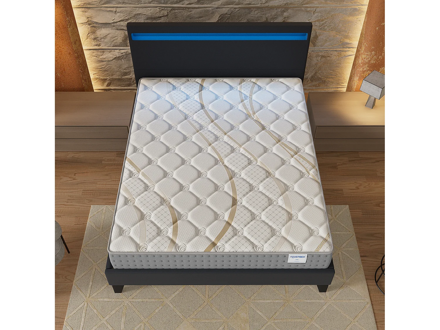 Ensemble Matelas + lit 140x190 cm, Matelas 25cm ressorts ensachés, accueil mousse, lit à tête de lit LED similicuir noir