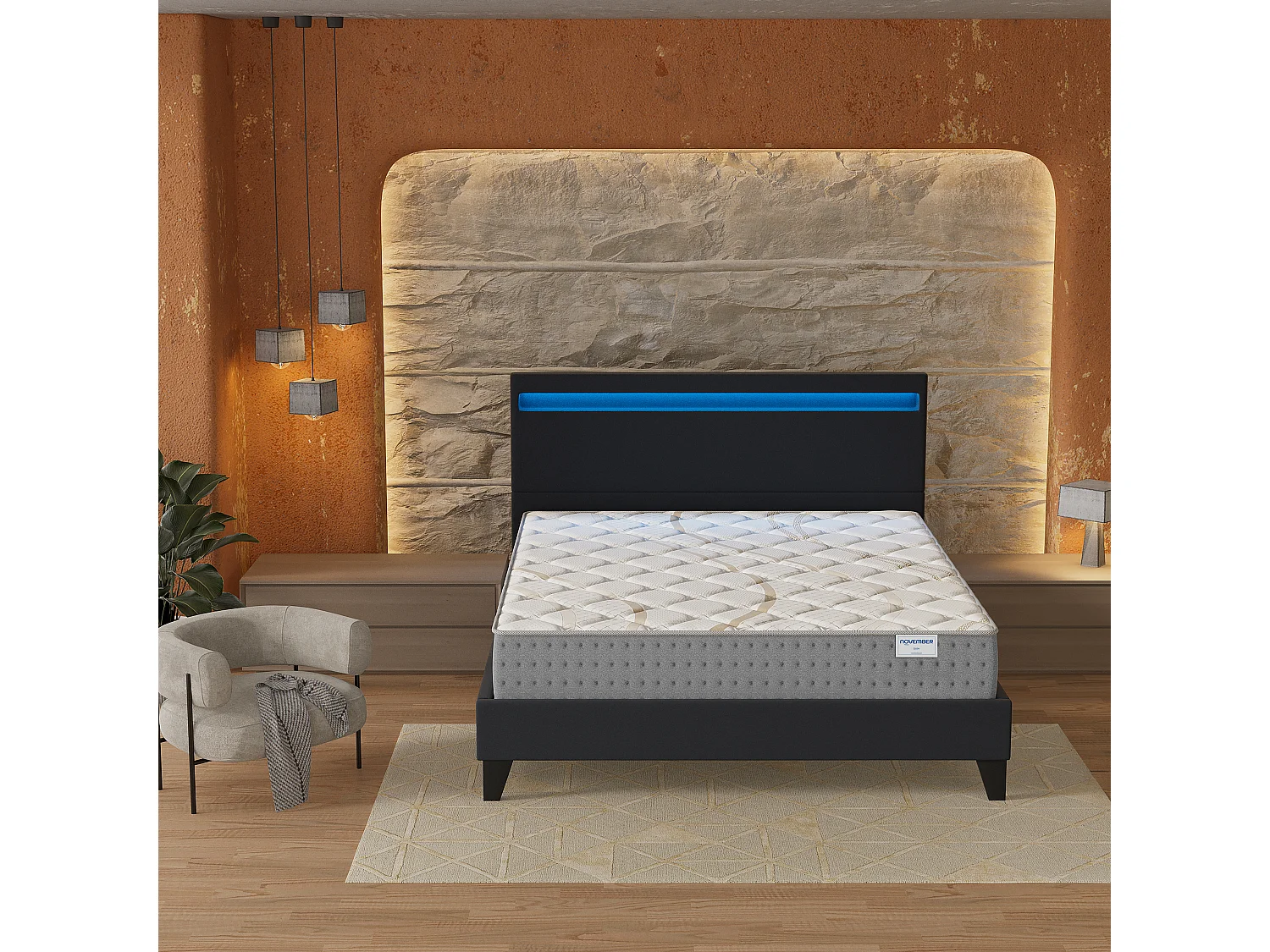 Ensemble Matelas + lit 140x190 cm, Matelas 25cm ressorts ensachés, accueil mousse, lit à tête de lit LED similicuir noir