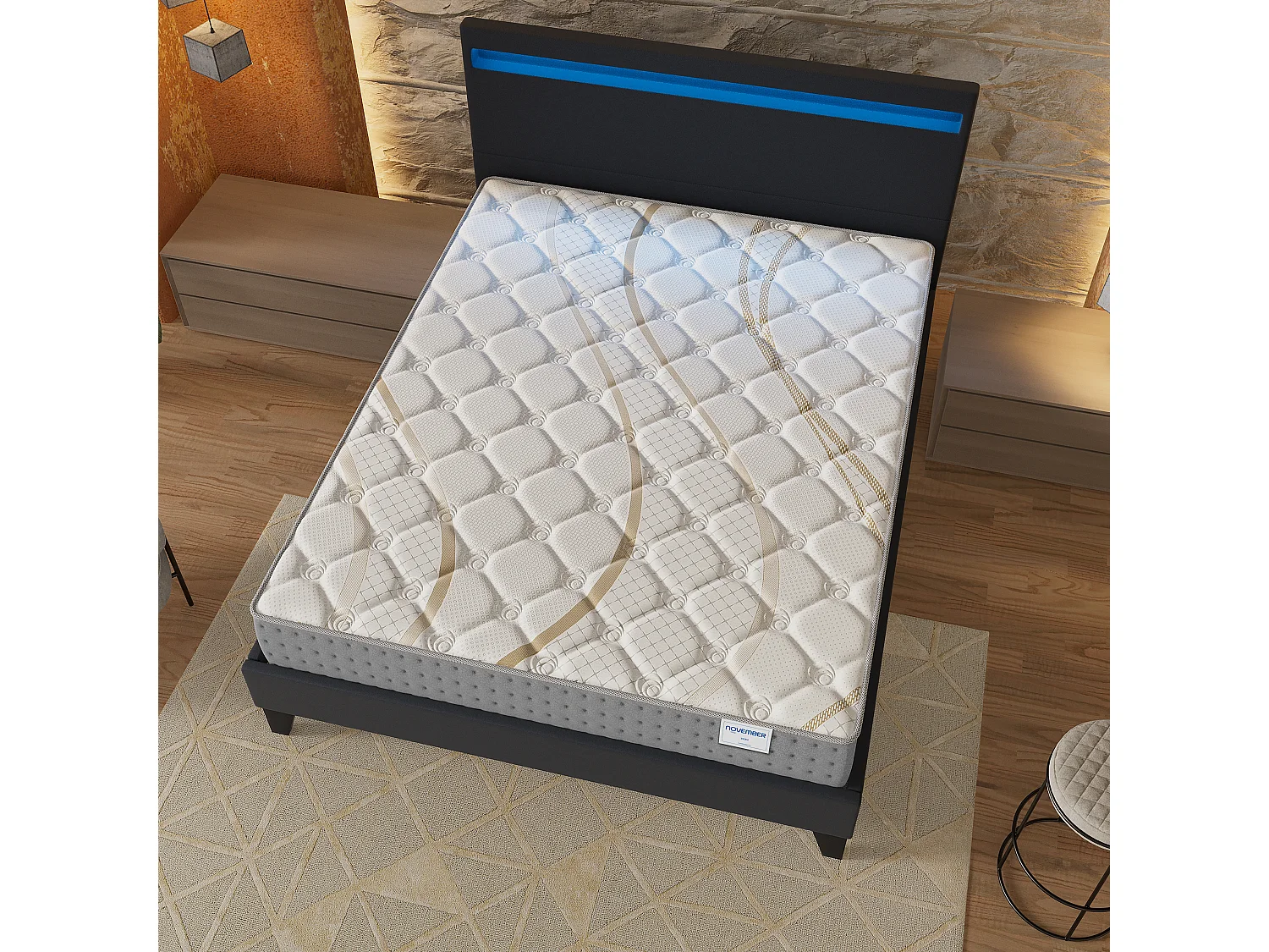 Ensemble Matelas + lit 140x190 cm, Matelas 25cm ressorts ensachés, accueil mousse, lit à tête de lit LED similicuir noir