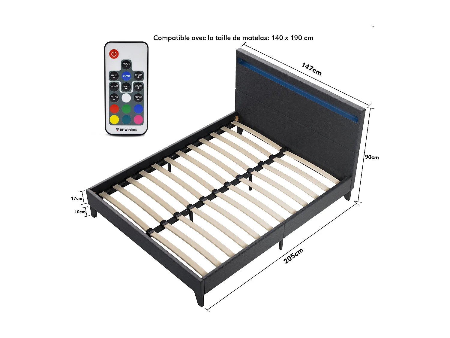 Ensemble Matelas + lit 140x190 cm, Matelas 25cm ressorts ensachés, accueil mousse, lit à tête de lit LED similicuir noir