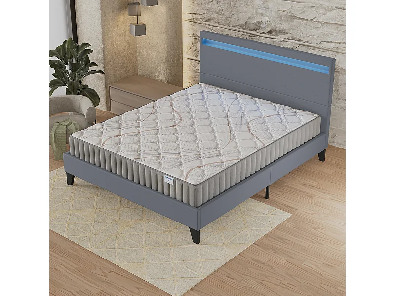 Ensemble Matelas + lit 140x190 cm, Matelas 22cm mousse, accueil latex, lit à tête de lit LED similicuir gris