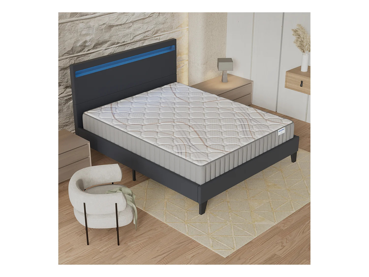 Ensemble Matelas + lit 160x200 cm, Matelas 16cm mousse, accueil latex, lit à tête de lit LED similicuir noir