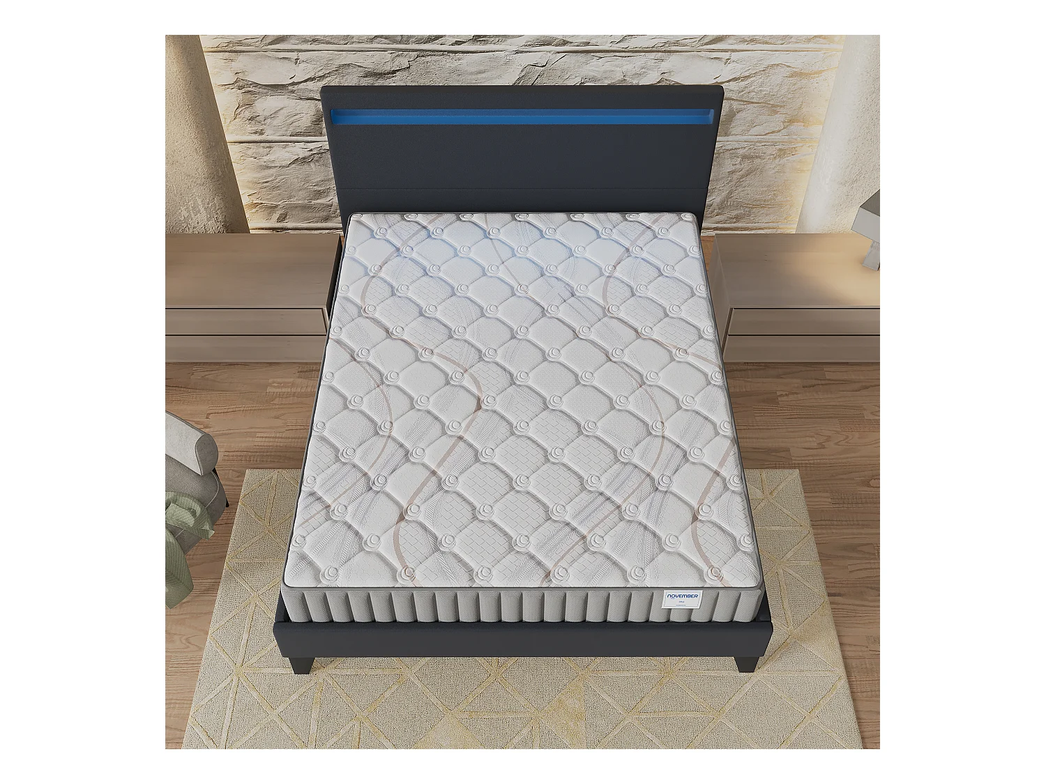 Ensemble Matelas + lit 160x200 cm, Matelas 16cm mousse, accueil latex, lit à tête de lit LED similicuir noir