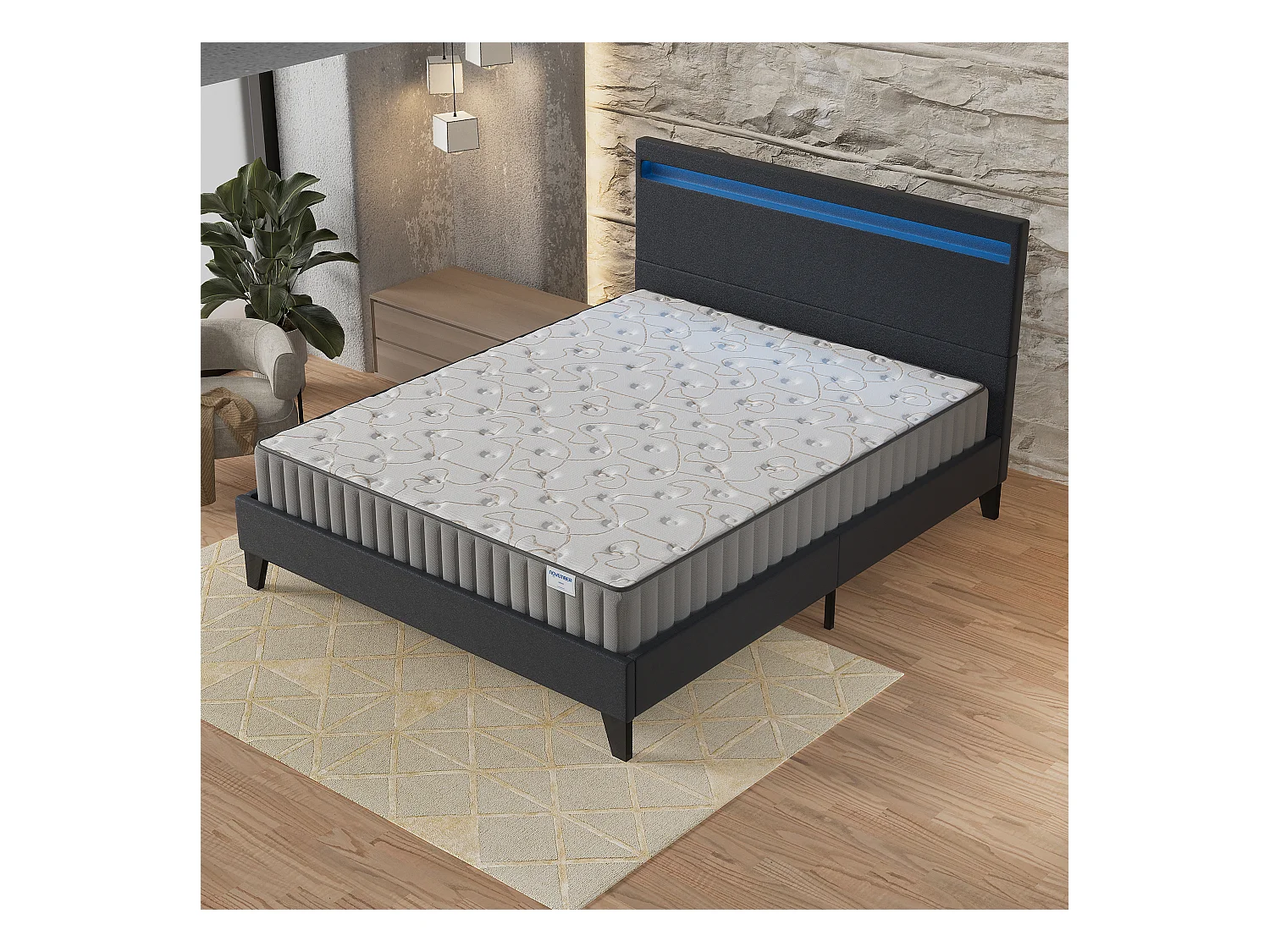 Ensemble Matelas + lit 140x190 cm, Matelas 16cm mousse, accueil mémoire de forme, lit à tête de lit LED similicuir noir