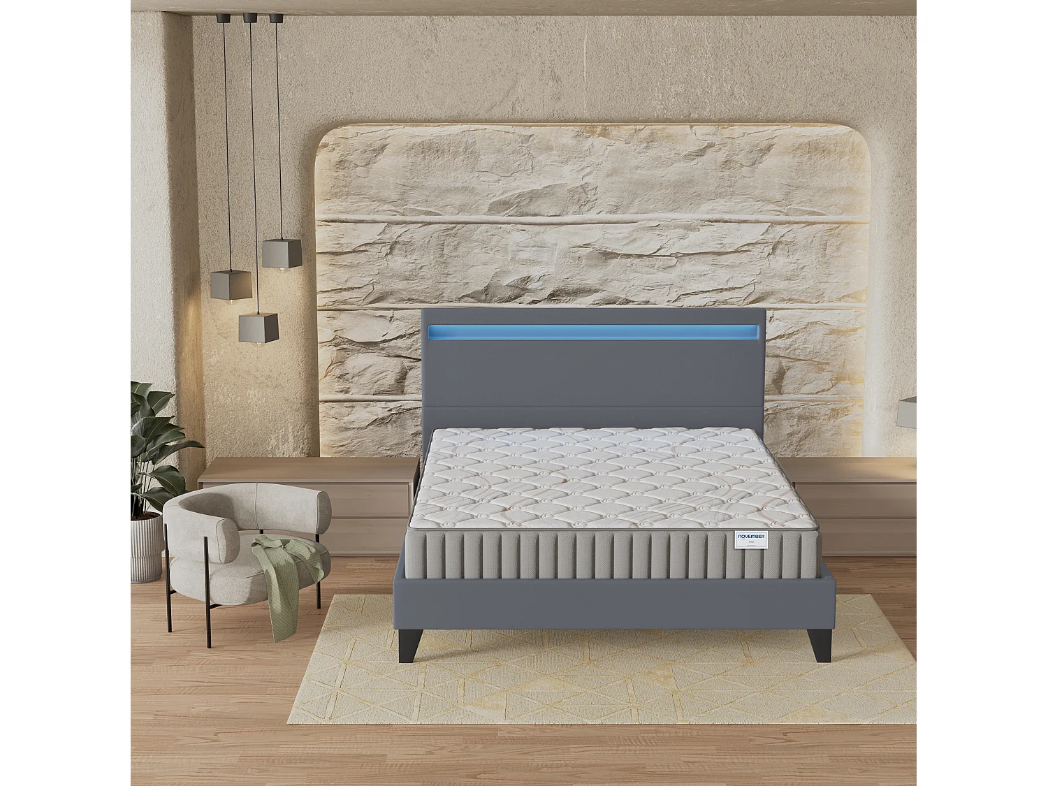 Ensemble Matelas + lit 160x200 cm, Matelas 16cm mousse, accueil latex, lit à tête de lit LED similicuir gris