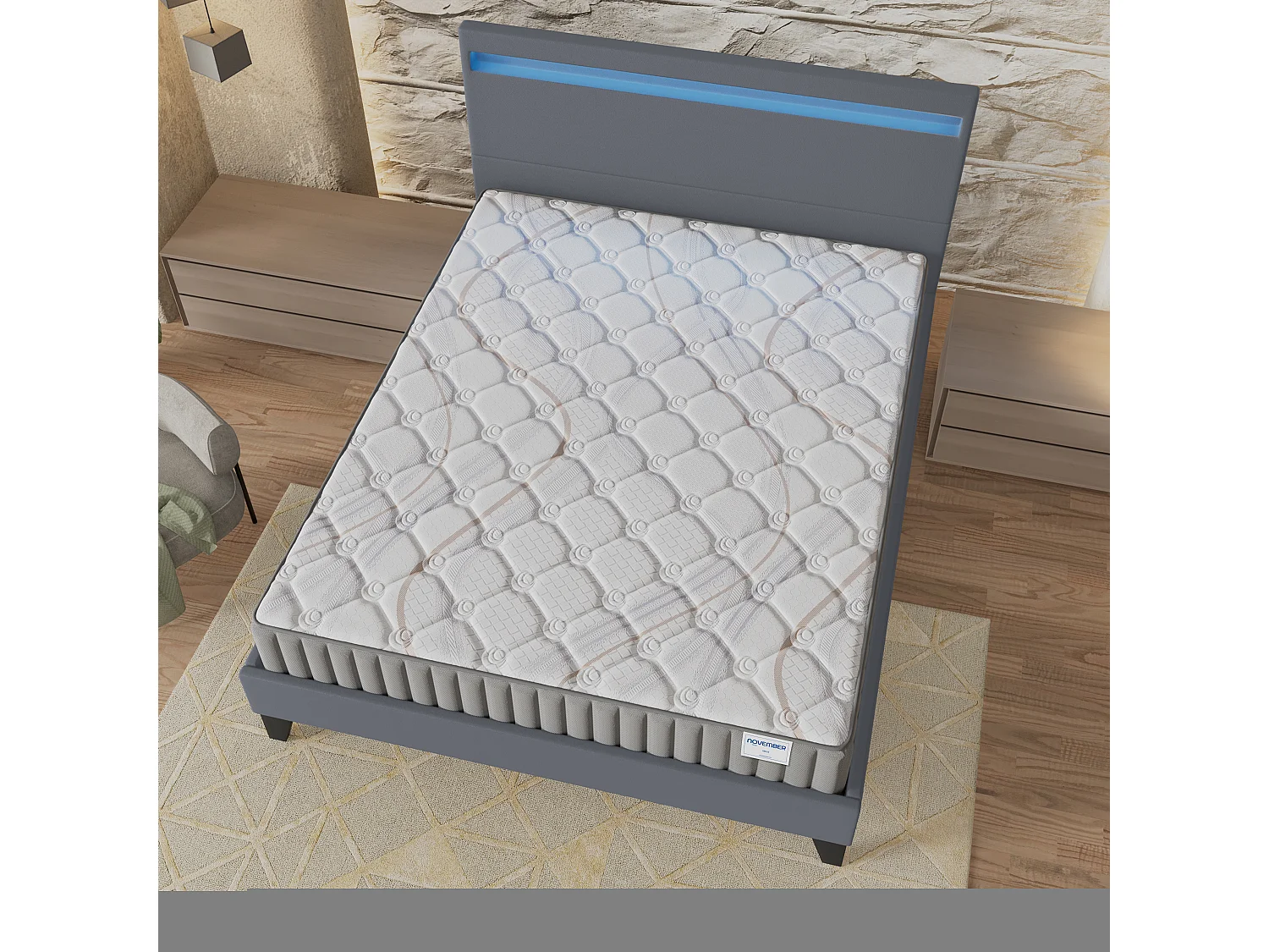Ensemble Matelas + lit 160x200 cm, Matelas 16cm mousse, accueil latex, lit à tête de lit LED similicuir gris