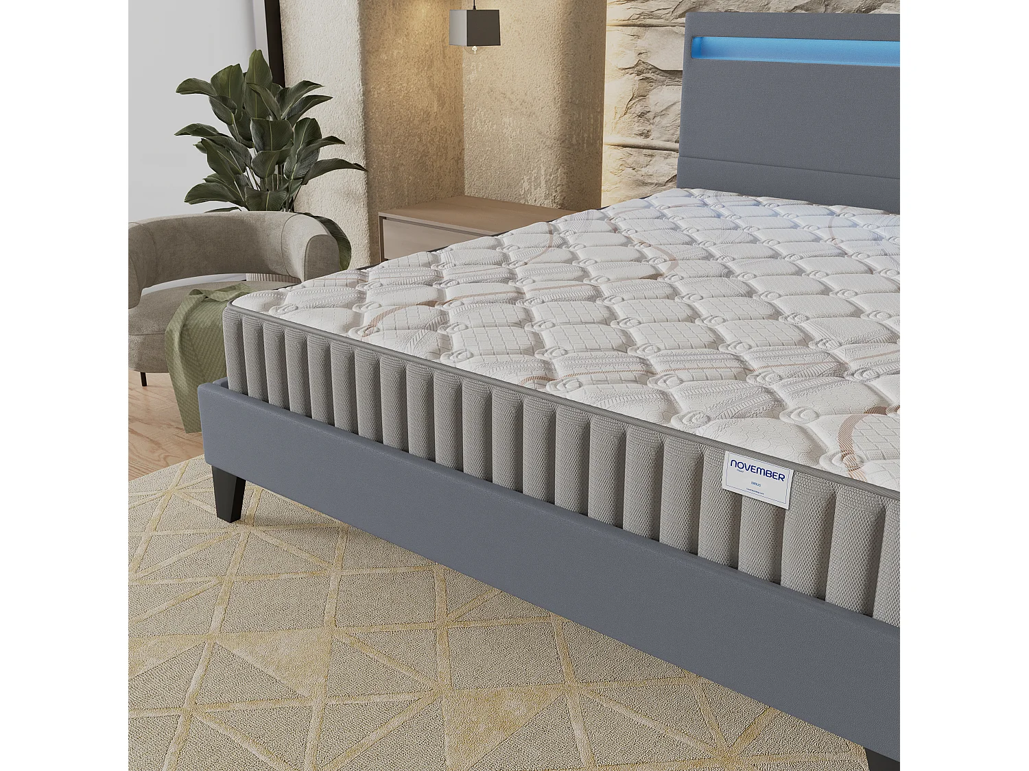 Ensemble Matelas + lit 160x200 cm, Matelas 16cm mousse, accueil latex, lit à tête de lit LED similicuir gris