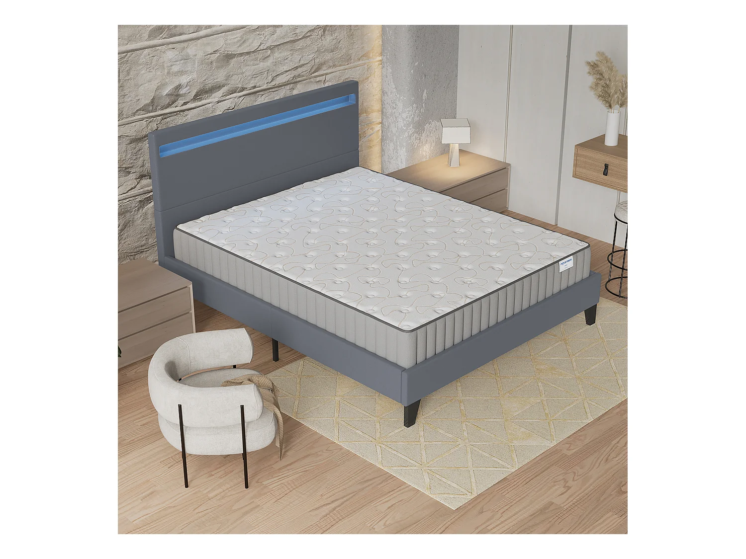 Ensemble Matelas + lit 160x200 cm, Matelas 22cm mousse, accueil mémoire de forme, lit à tête de lit LED similicuir gris