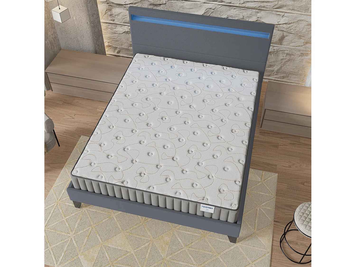Ensemble Matelas + lit 160x200 cm, Matelas 22cm mousse, accueil mémoire de forme, lit à tête de lit LED similicuir gris