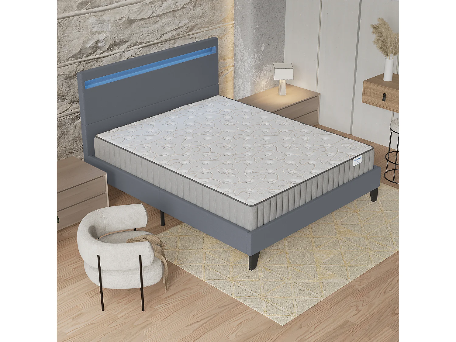 Ensemble Matelas + lit 160x200 cm, Matelas 22cm mousse, accueil mémoire de forme, lit à tête de lit LED similicuir gris