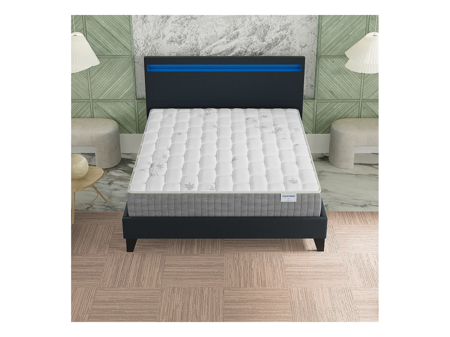 Ensemble Matelas + lit 160x200 cm, Matelas 25cm ressorts ensachées + mémoire de forme, lit à tête de lit LED similicuir noir