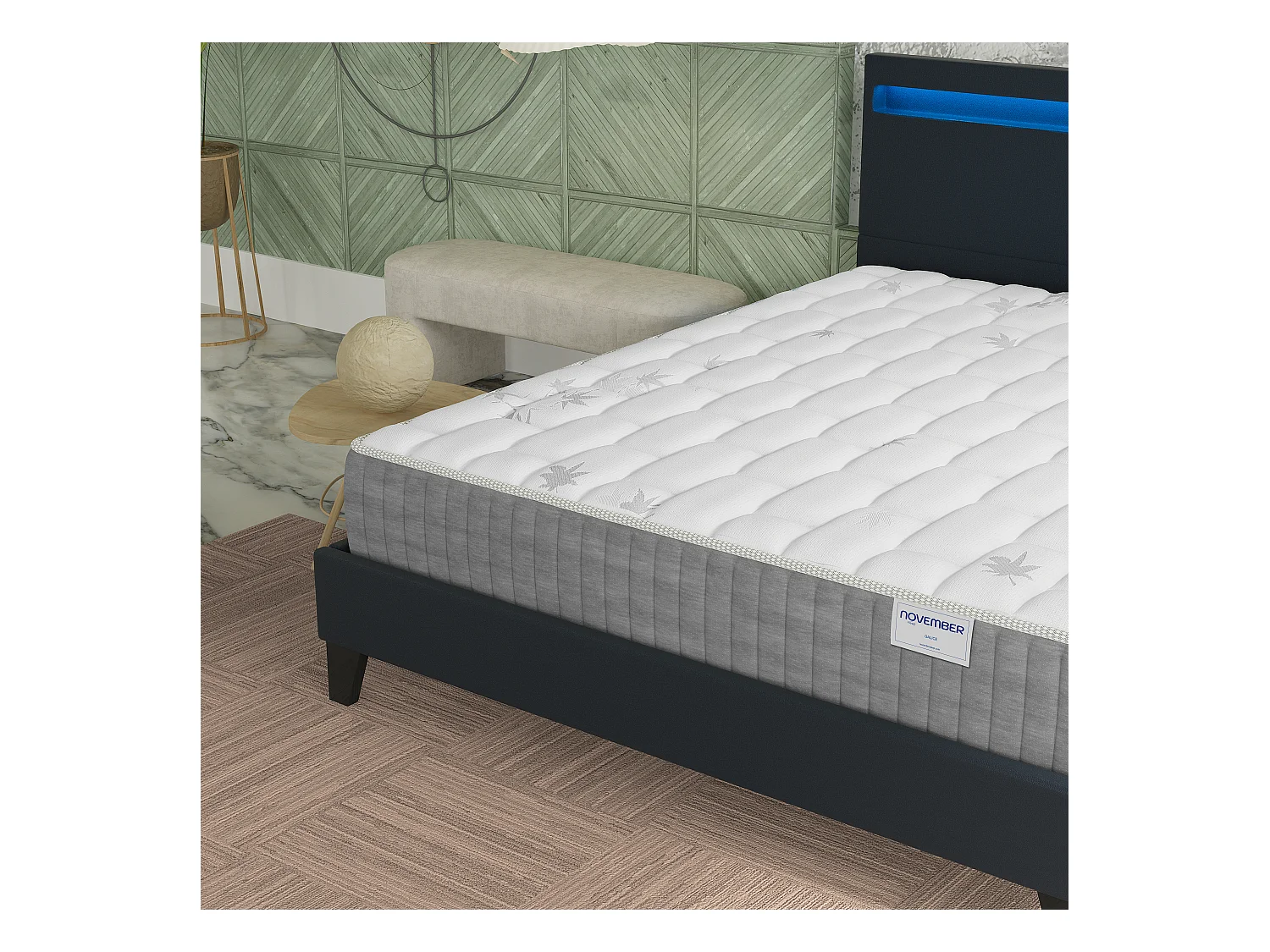 Ensemble Matelas + lit 160x200 cm, Matelas 25cm ressorts ensachées + mémoire de forme, lit à tête de lit LED similicuir noir