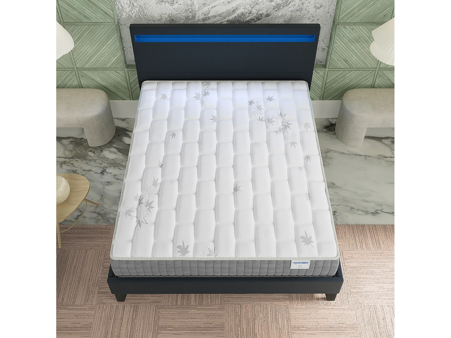 Ensemble Matelas + lit 160x200 cm, Matelas 25cm ressorts ensachées + mémoire de forme, lit à tête de lit LED similicuir noir