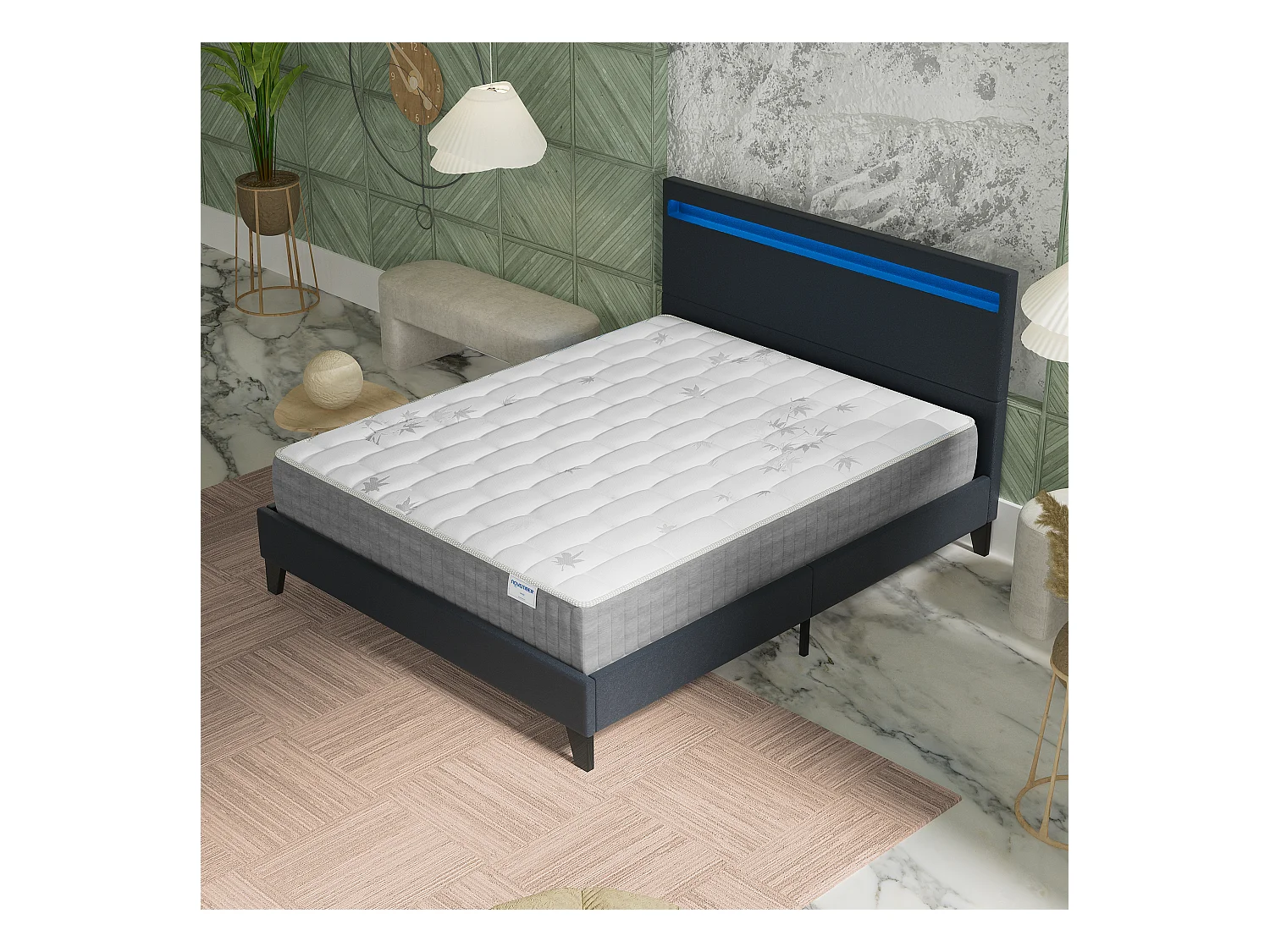Ensemble Matelas + lit 160x200 cm, Matelas 25cm ressorts ensachées + mémoire de forme, lit à tête de lit LED similicuir noir