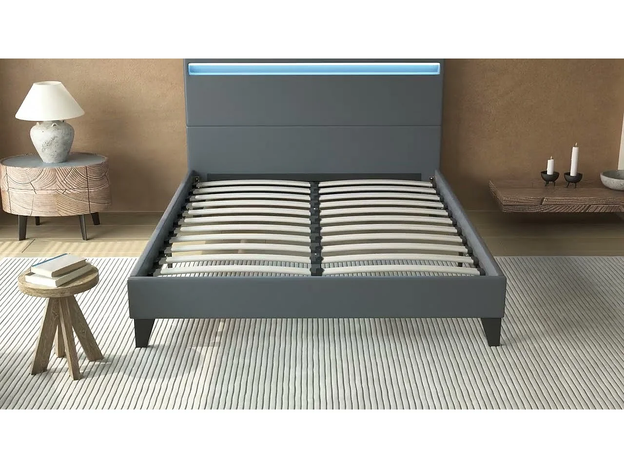 Ensemble Matelas + lit 160x200 cm, Matelas 25cm ressorts ensachées + mémoire de forme, lit à tête de lit LED similicuir noir