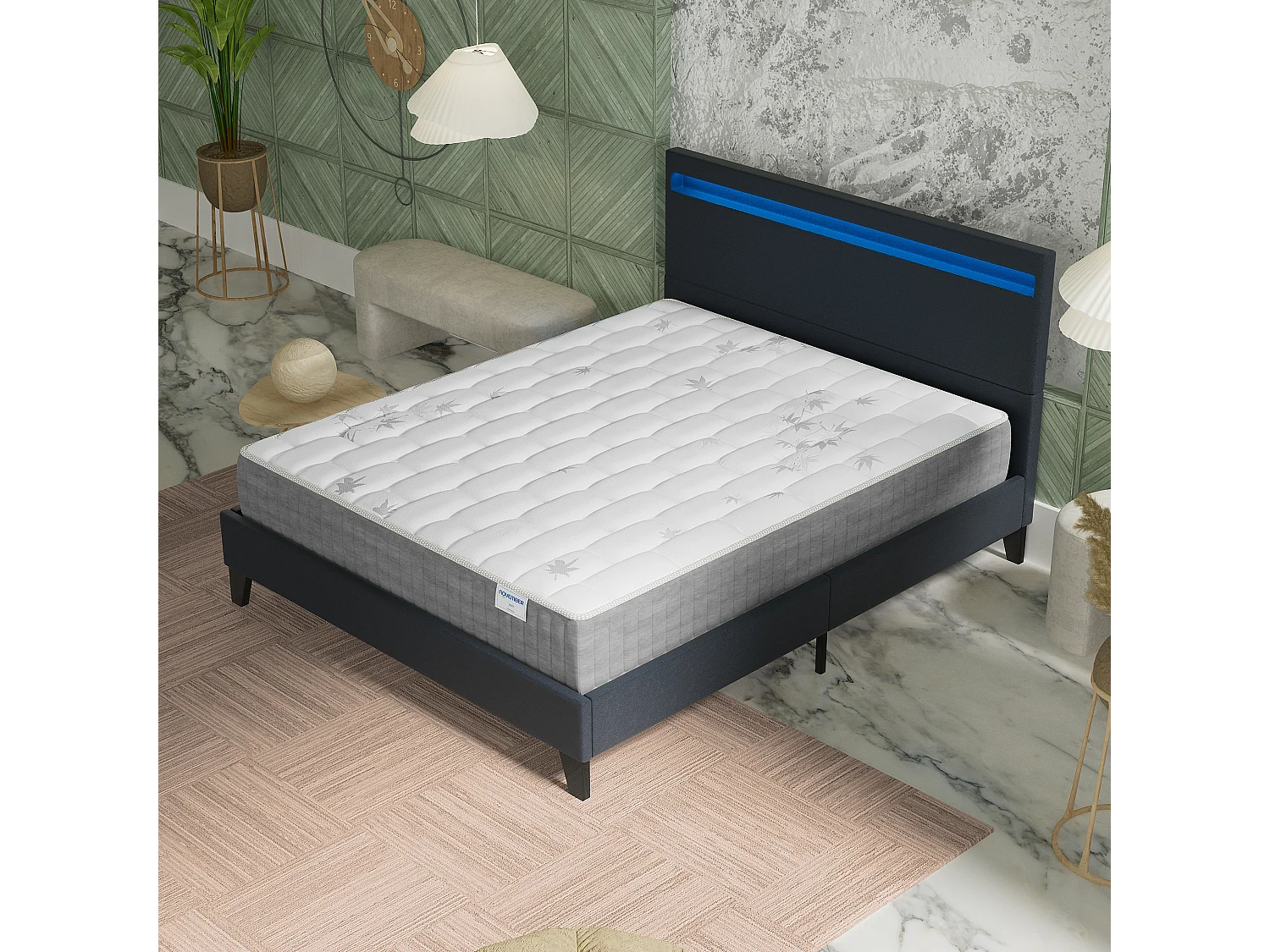 Ensemble Matelas + lit 160x200 cm, Matelas 25cm ressorts ensachées + mémoire de forme, lit à tête de lit LED similicuir noir