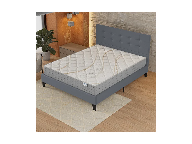 Ensemble 140x190 cm, lit avec tête de lit + matelas ressorts ensachés, ép.25cm accueil mousse HR