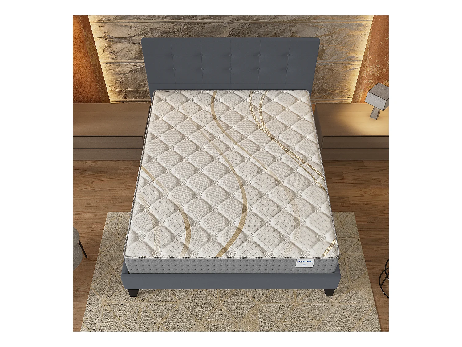 Ensemble 140x190 cm, lit avec tête de lit + matelas ressorts ensachés, ép.25cm accueil mousse HR