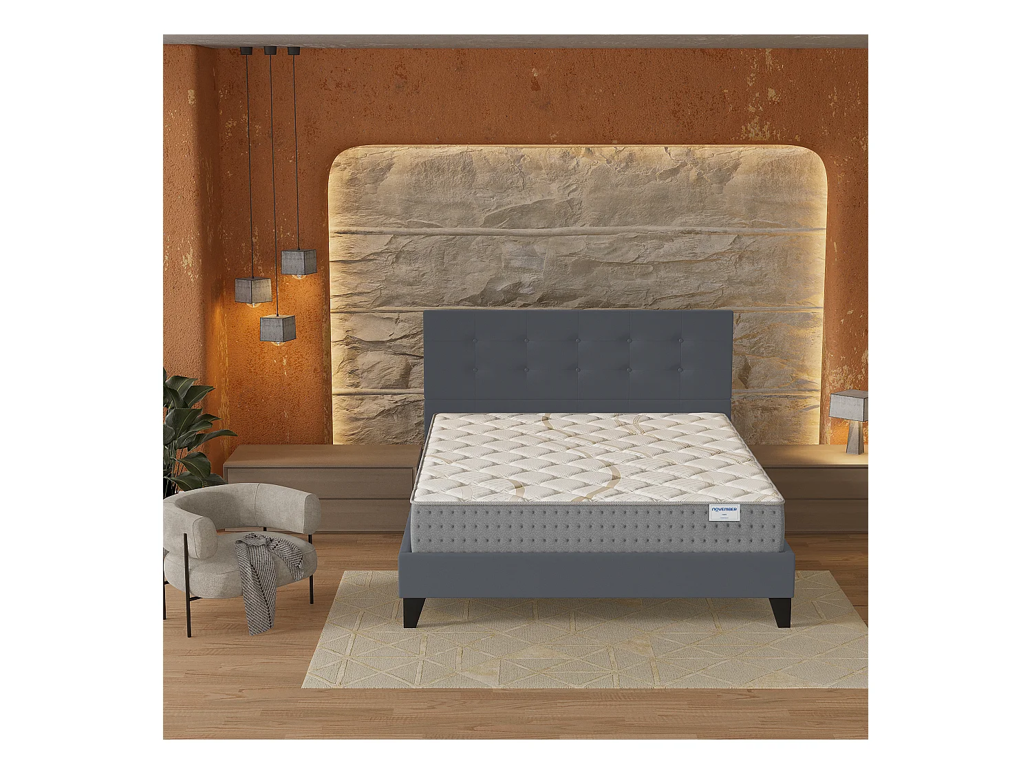 Ensemble 140x190 cm, lit avec tête de lit + matelas ressorts ensachés, ép.25cm accueil mousse HR