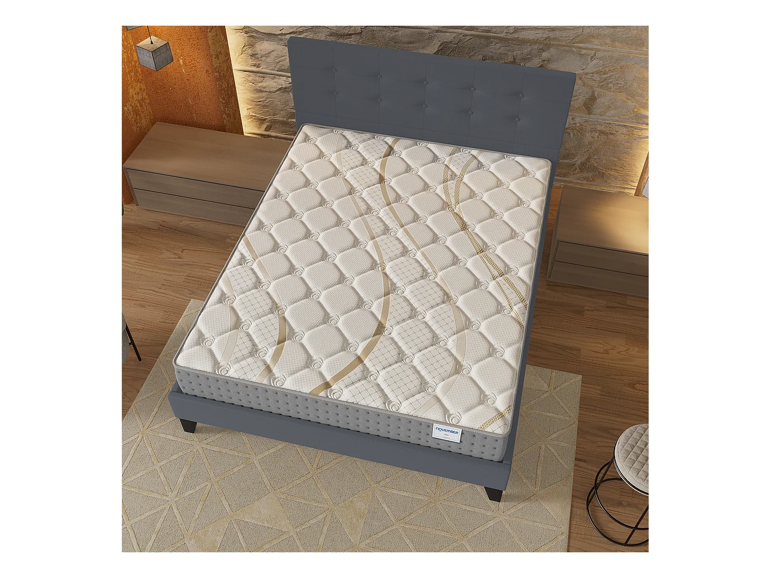 Ensemble 140x190 cm, lit avec tête de lit + matelas ressorts ensachés, ép.25cm accueil mousse HR