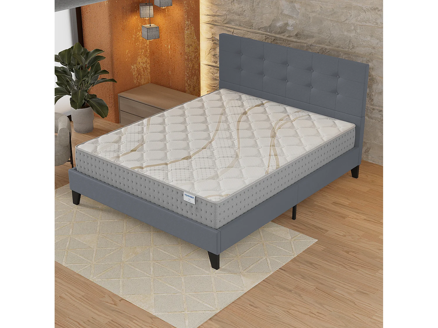 Ensemble 140x190 cm, lit avec tête de lit + matelas ressorts ensachés, ép.25cm accueil mousse HR